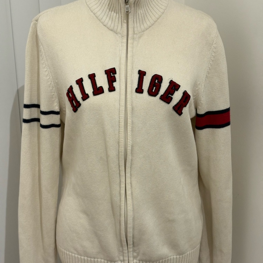 #y2k Tommy Hilfiger Ivory Zip-Up Jacket with Red and Black Details - Picture 2 of 4